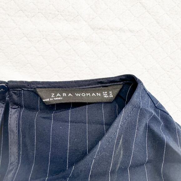 Zara Navy Pinstripe Patterned Ruffle Sleeve Blouse Size Medium - Picture 2 of 6